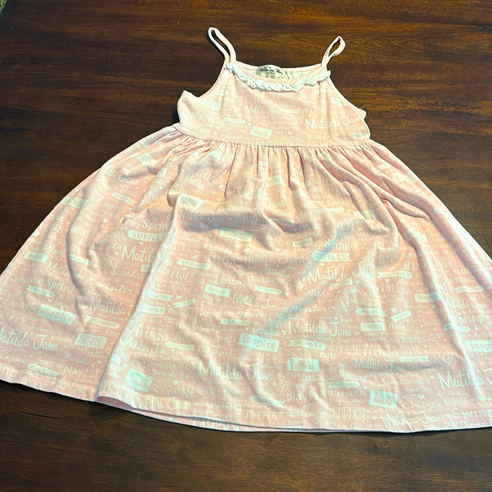Matilda, Jean, print spaghetti strap, pink white ruffle dress size 10